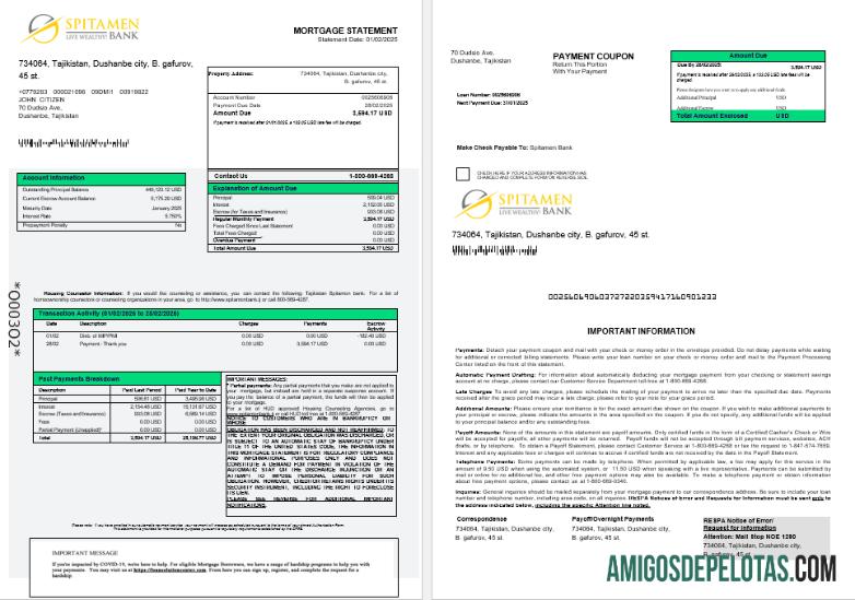 Extrato de hipoteca do Tajiquistão Spitamen Bank em formatos Word e PDF 1 2 modelo